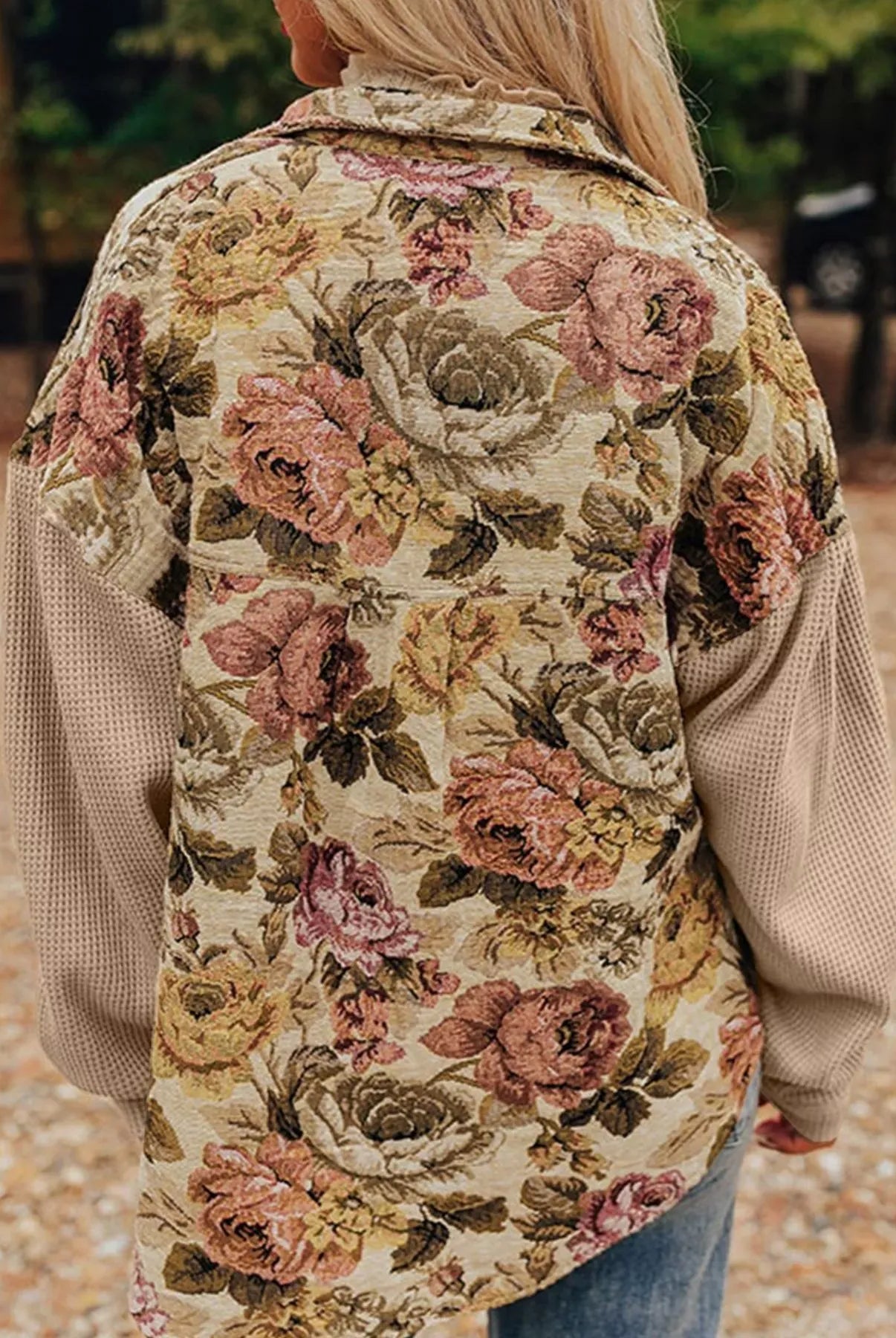 Floral Waffle Knit Patchwork Chest Pockets Buttoned Jacket-Jacket-Krush Kandy, Women's Online Fashion Boutique Located in Phoenix, Arizona (Scottsdale Area)