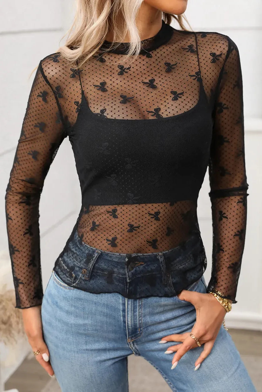 Floral Mock Neck Long Sleeve Mesh Top-Tops-Krush Kandy, Women's Online Fashion Boutique Located in Phoenix, Arizona (Scottsdale Area)