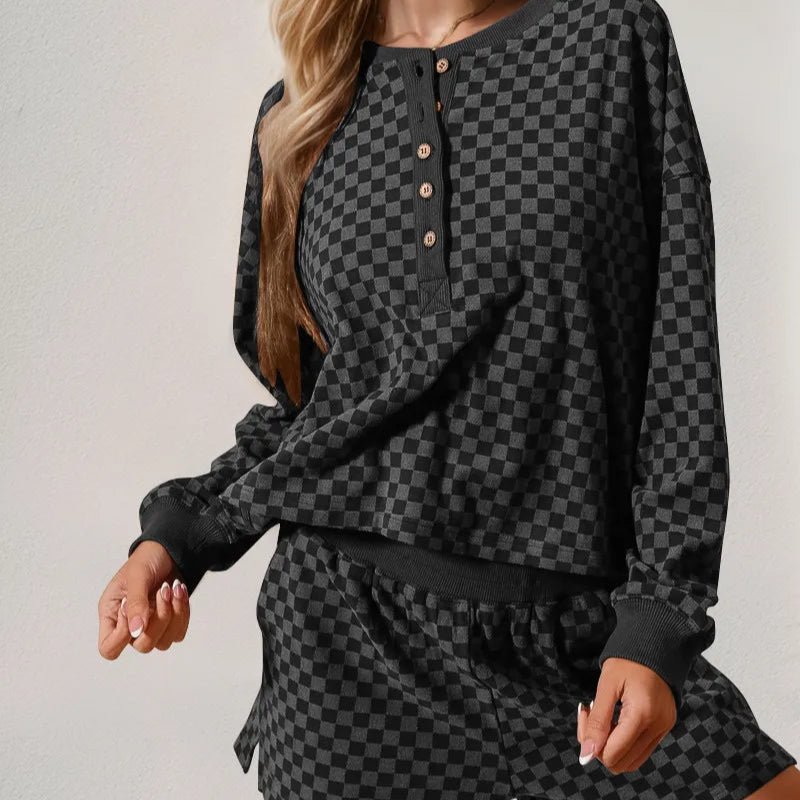 Double Take Checkered Half Button Top and Shorts Set-2 Piece Outfit Sets-Krush Kandy, Women's Online Fashion Boutique Located in Phoenix, Arizona (Scottsdale Area)