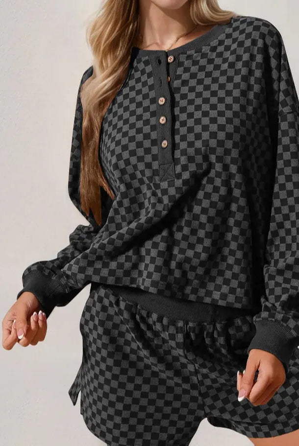 Double Take Checkered Half Button Top and Shorts Set-2 Piece Outfit Sets-Krush Kandy, Women's Online Fashion Boutique Located in Phoenix, Arizona (Scottsdale Area)