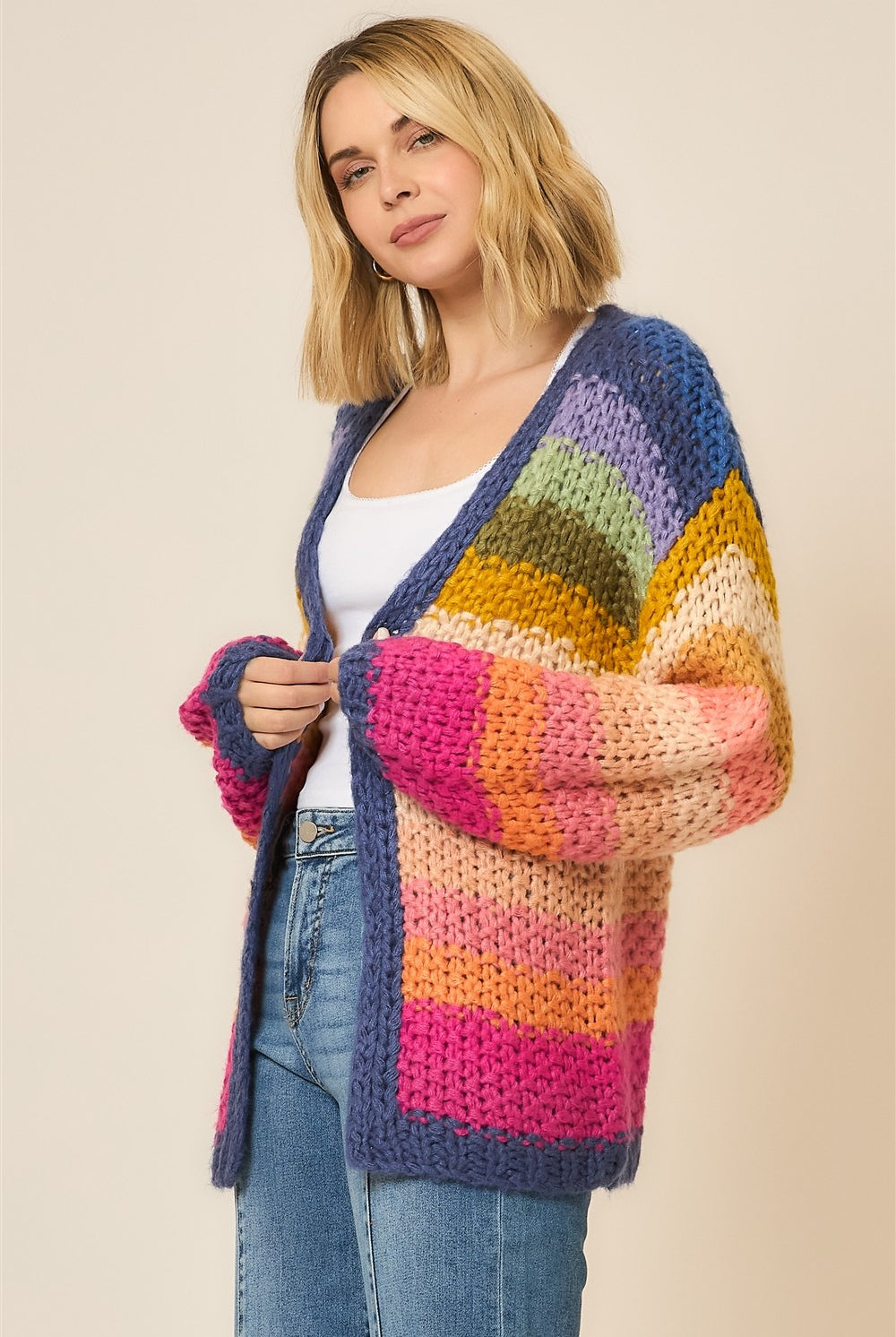 Multi Color Lantern Sleeve Handmade Large Gauge Cardigan-Cardigans-Krush Kandy, Women's Online Fashion Boutique Located in Phoenix, Arizona (Scottsdale Area)