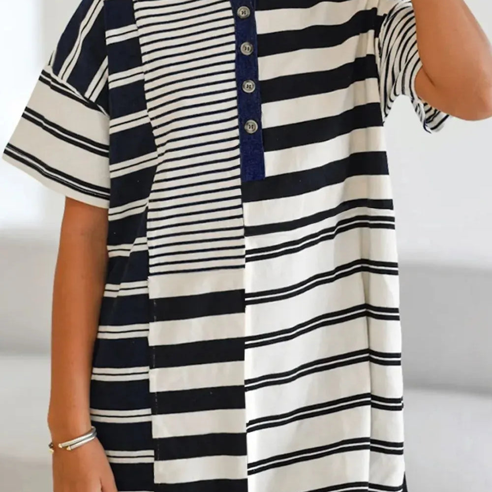 Button Detail Striped Short Sleeve Mini Dress-Krush Kandy, Women's Online Fashion Boutique Located in Phoenix, Arizona (Scottsdale Area)