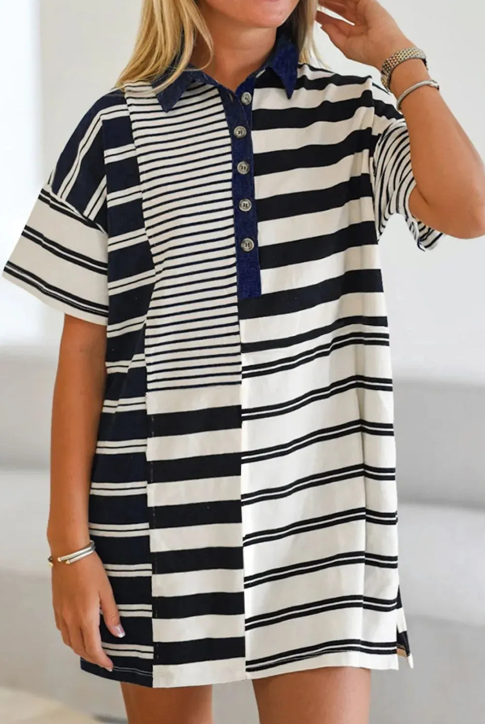 Button Detail Striped Short Sleeve Mini Dress-Krush Kandy, Women's Online Fashion Boutique Located in Phoenix, Arizona (Scottsdale Area)