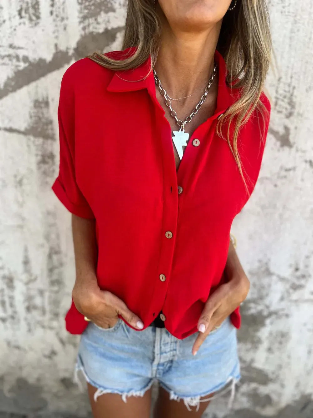 Full Size Collared Neck Half Sleeve Shirt Plus Size-Krush Kandy, Women's Online Fashion Boutique Located in Phoenix, Arizona (Scottsdale Area)