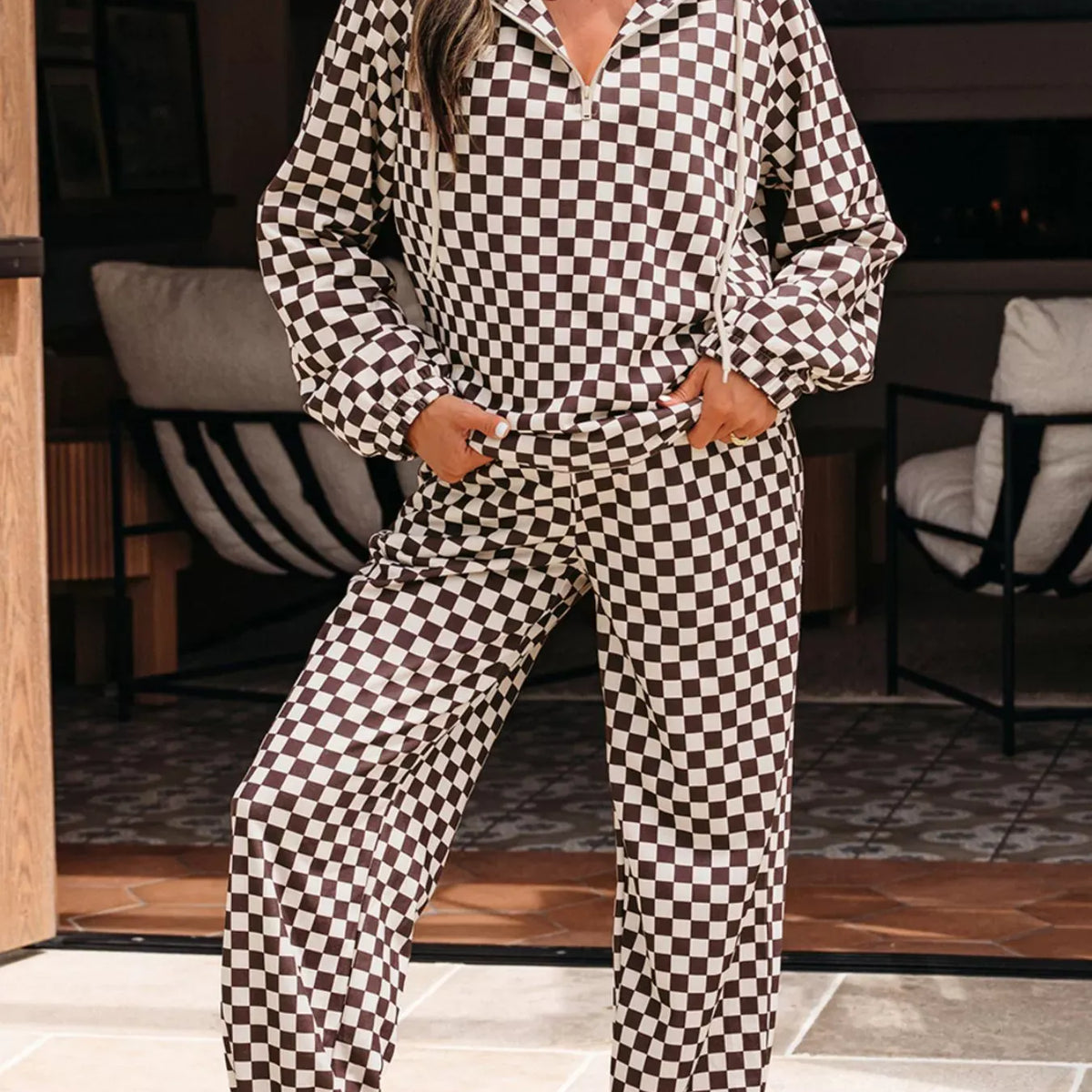 Checkered Drawstring Hoodie and Pants Set-2 Piece Outfit Sets-Krush Kandy, Women's Online Fashion Boutique Located in Phoenix, Arizona (Scottsdale Area)