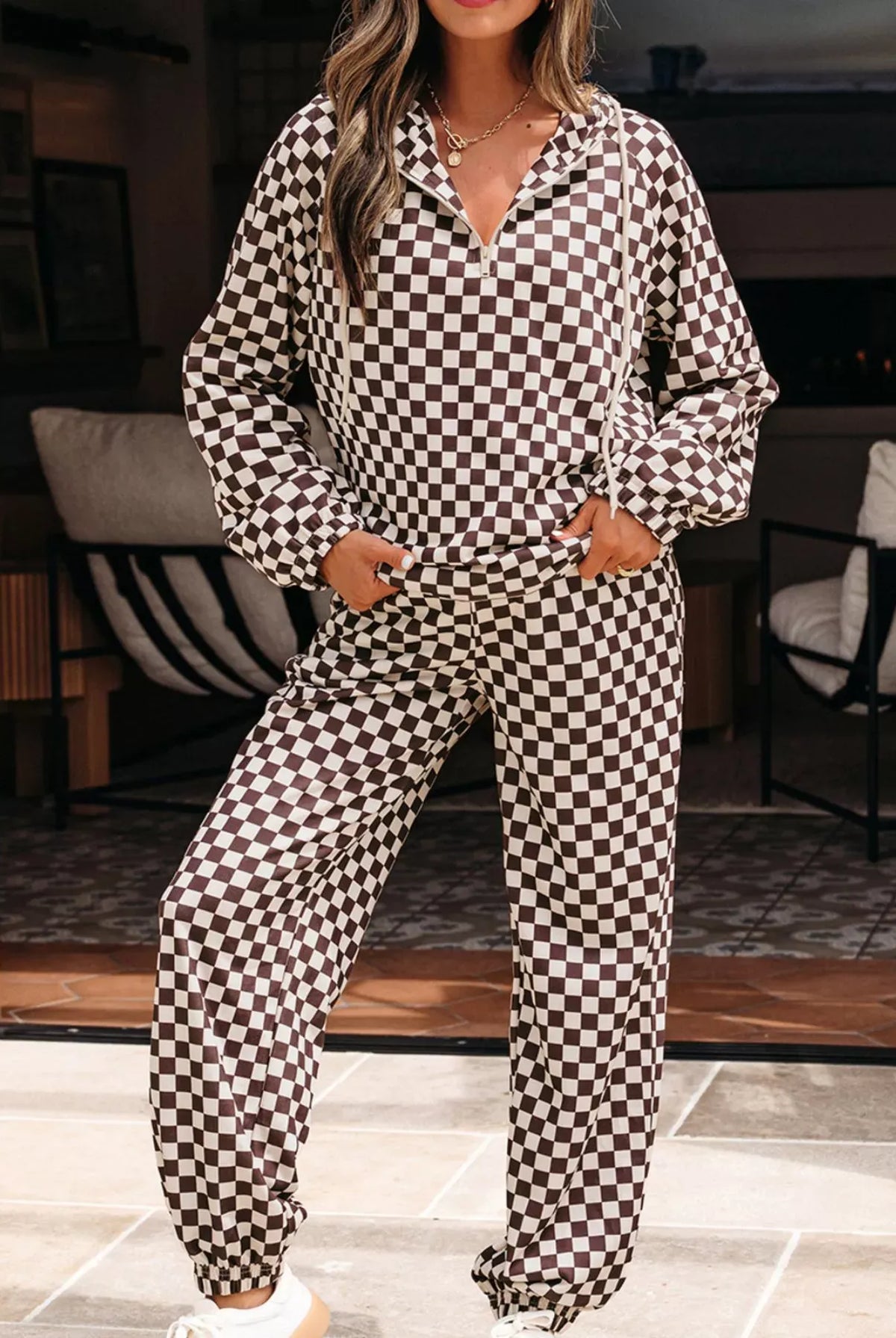 Checkered Drawstring Hoodie and Pants Set-2 Piece Outfit Sets-Krush Kandy, Women's Online Fashion Boutique Located in Phoenix, Arizona (Scottsdale Area)