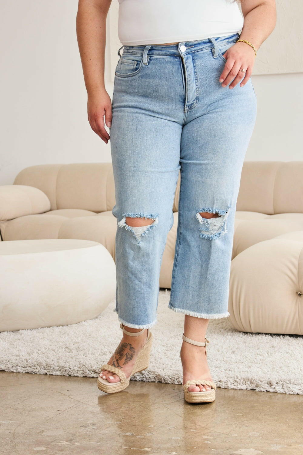 RfM Full Size Tummy Control High Waist Raw Hem Distressed Jeans-Krush Kandy, Women's Online Fashion Boutique Located in Phoenix, Arizona (Scottsdale Area)