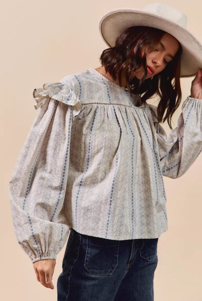 SO ME Floral Cotton Print Ruffled Long Sleeve Blouse-Tops-Krush Kandy, Women's Online Fashion Boutique Located in Phoenix, Arizona (Scottsdale Area)