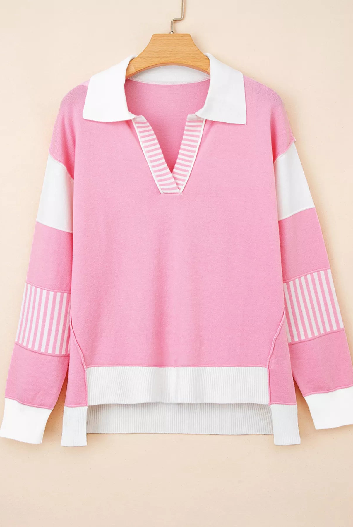 Contrasting Polo Collar Color Block Knit Drop Shoulder Sweater-Sweater-Krush Kandy, Women's Online Fashion Boutique Located in Phoenix, Arizona (Scottsdale Area)