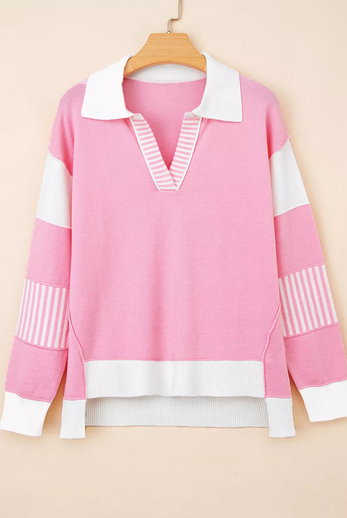 Contrasting Polo Collar Color Block Knit Drop Shoulder Sweater-Sweater-Krush Kandy, Women's Online Fashion Boutique Located in Phoenix, Arizona (Scottsdale Area)