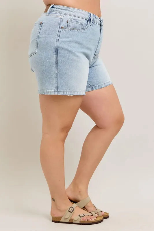 Judy Blue Full Size Frayed Hem High Rise Denim Shorts with Pockets Plus Size-Denim-Krush Kandy, Women's Online Fashion Boutique Located in Phoenix, Arizona (Scottsdale Area)