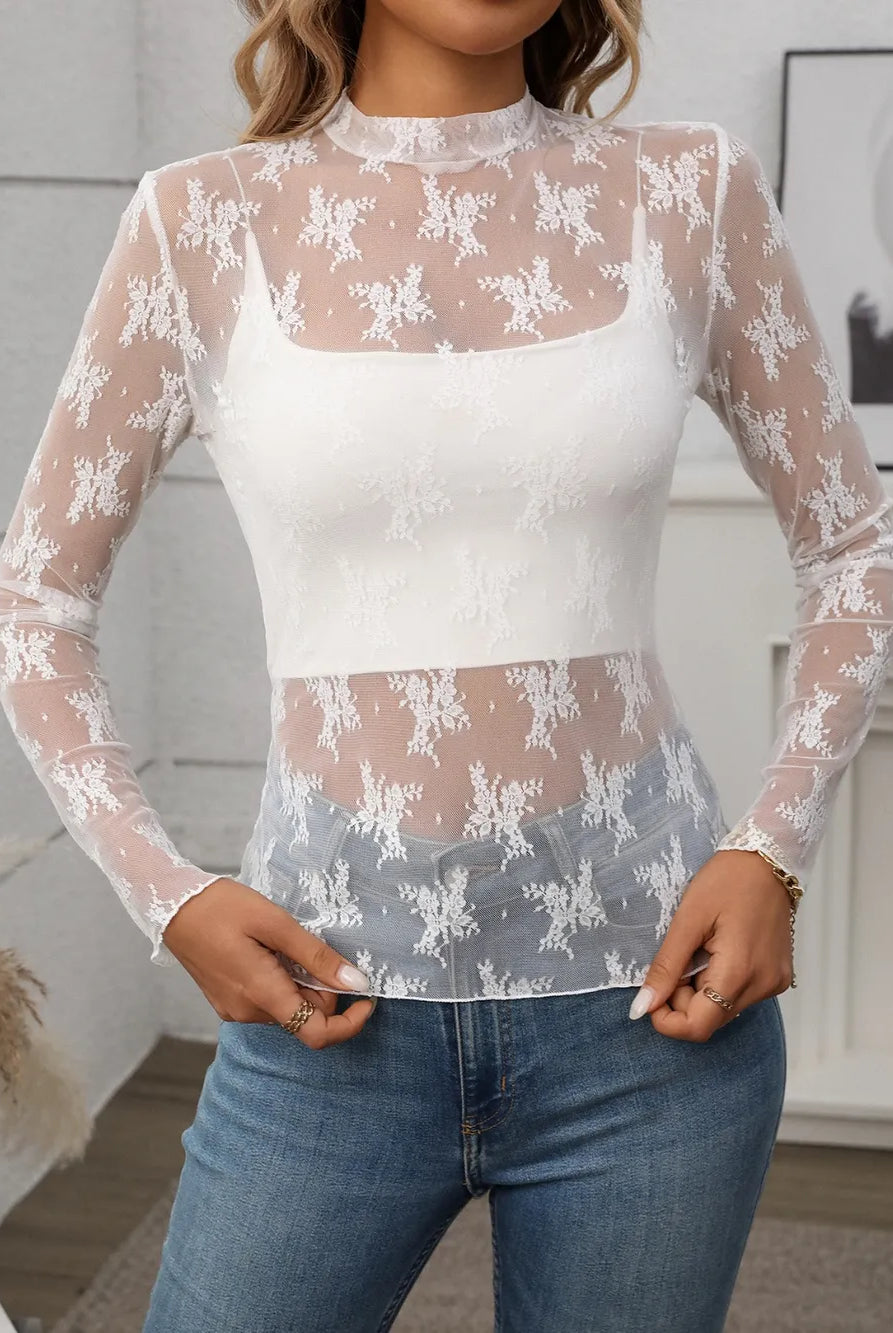 Floral Mock Neck Long Sleeve Mesh Top-Tops-Krush Kandy, Women's Online Fashion Boutique Located in Phoenix, Arizona (Scottsdale Area)