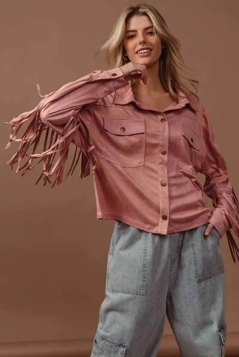 BiBi Suede Fringe Long Sleeve Jacket-Jacket-Krush Kandy, Women's Online Fashion Boutique Located in Phoenix, Arizona (Scottsdale Area)