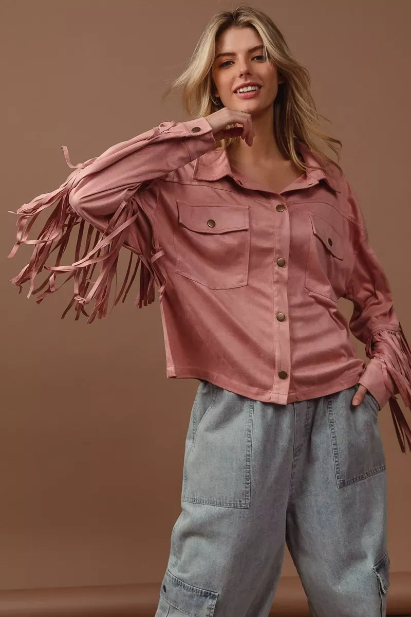 BiBi Suede Fringe Long Sleeve Jacket-Jacket-Krush Kandy, Women's Online Fashion Boutique Located in Phoenix, Arizona (Scottsdale Area)