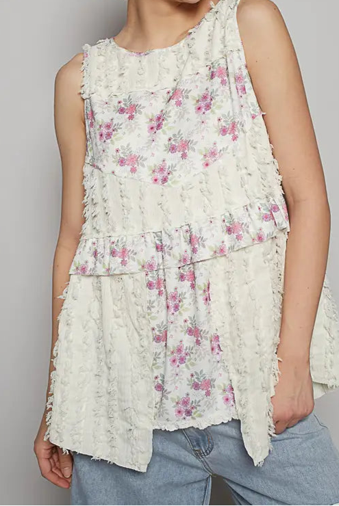 POL Round Neck Sleeveless Textured Woven Floral Top-Tops-Krush Kandy, Women's Online Fashion Boutique Located in Phoenix, Arizona (Scottsdale Area)