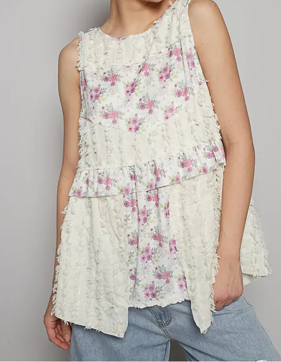 POL Round Neck Sleeveless Textured Woven Floral Top-Tops-Krush Kandy, Women's Online Fashion Boutique Located in Phoenix, Arizona (Scottsdale Area)