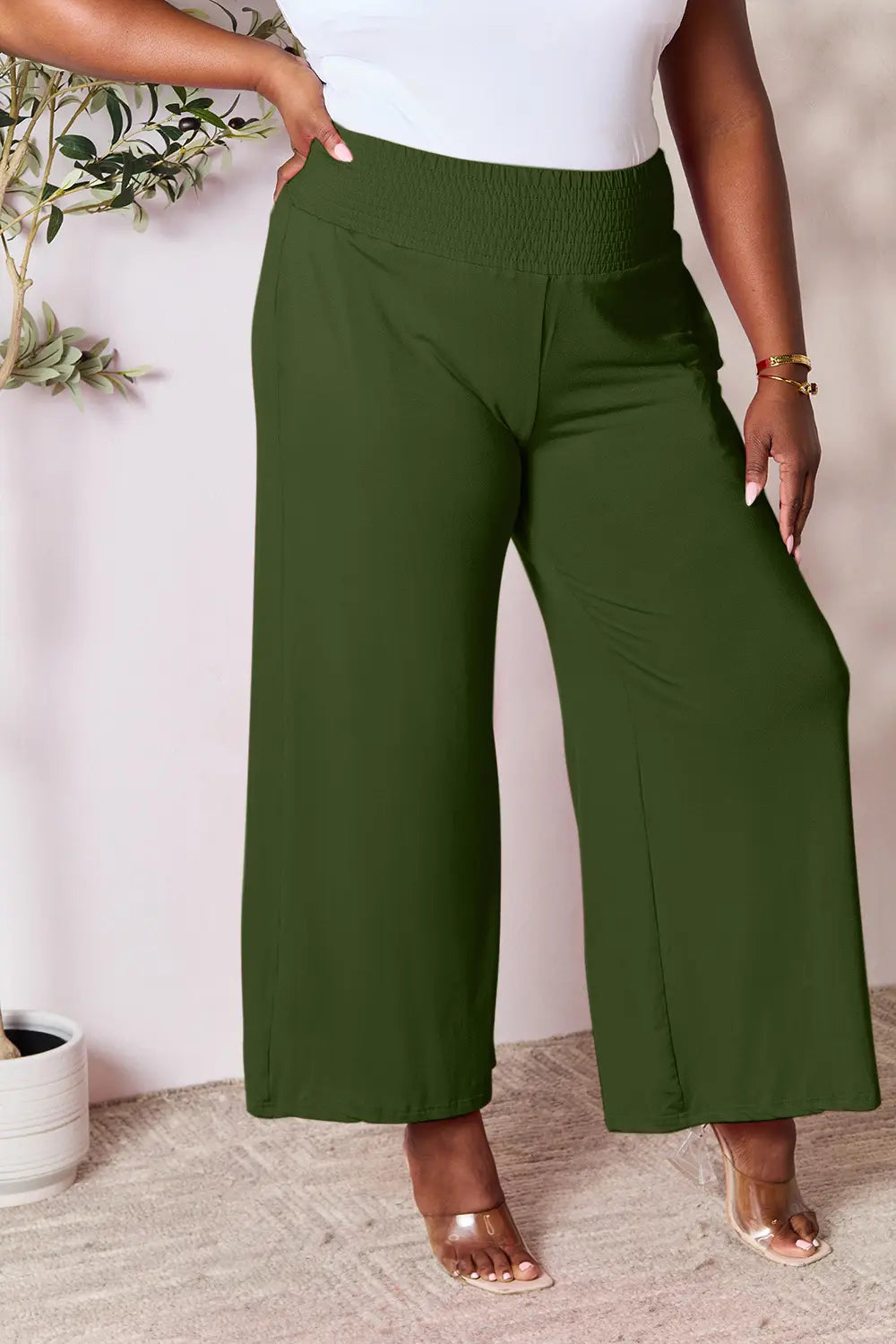 Full Size Smocked Wide Waistband Wide Leg Pants-Pants-Krush Kandy, Women's Online Fashion Boutique Located in Phoenix, Arizona (Scottsdale Area)