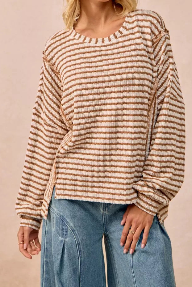 BiBi Open Seam Detail Textured Stripe Knit Top-Sweaters-Krush Kandy, Women's Online Fashion Boutique Located in Phoenix, Arizona (Scottsdale Area)