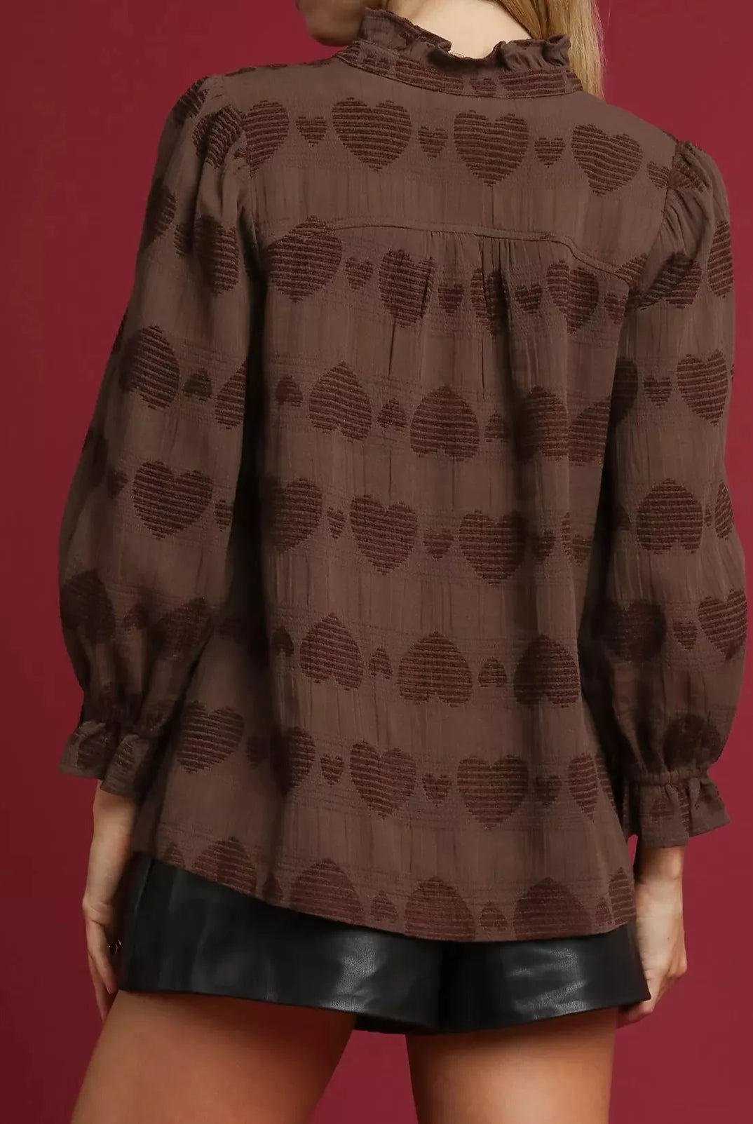 Umgee Heart Jacquard Ruffle Trim Shirt-Tops-Krush Kandy, Women's Online Fashion Boutique Located in Phoenix, Arizona (Scottsdale Area)
