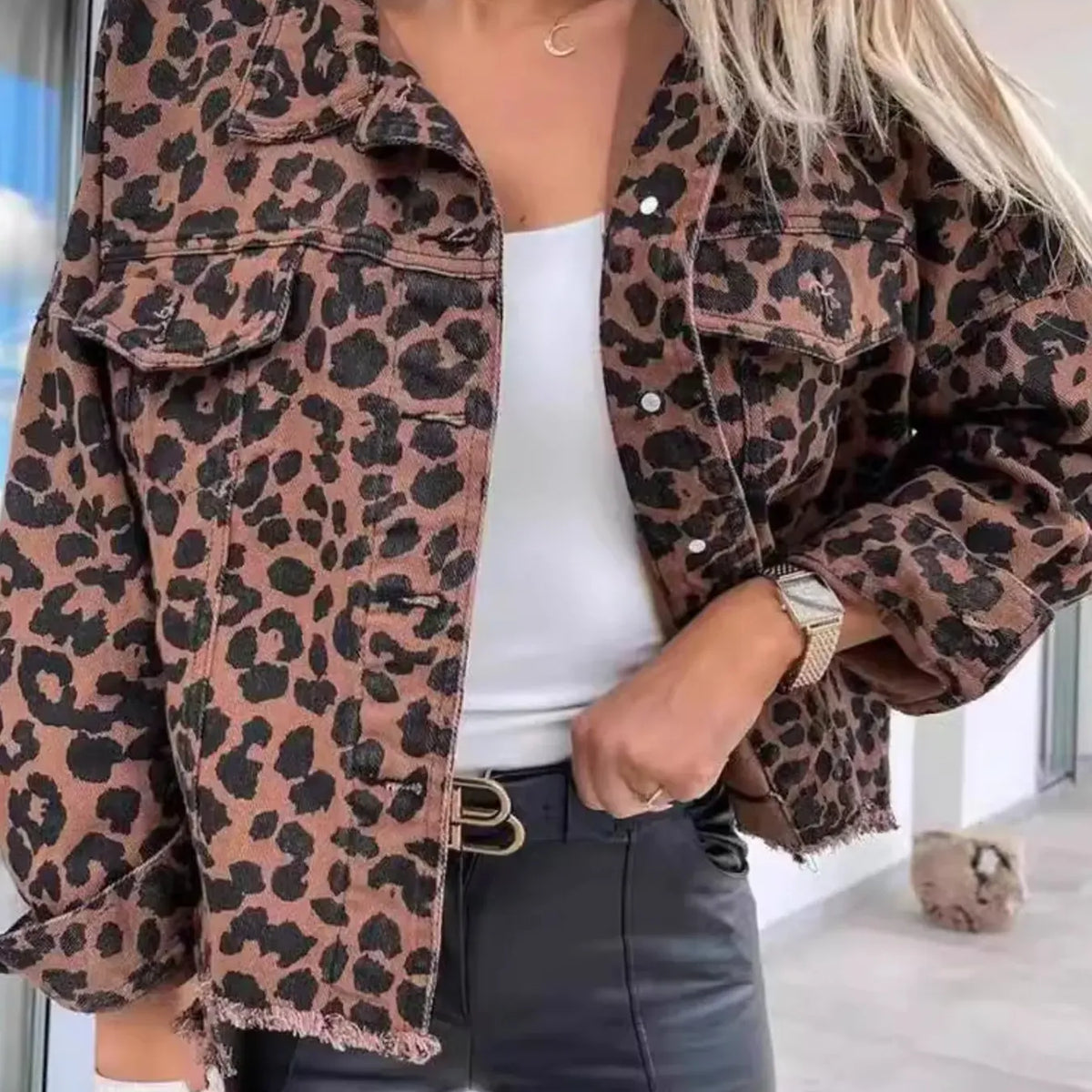 Leopard Print Raw Hem Denim Jacket-Jackets-Krush Kandy, Women's Online Fashion Boutique Located in Phoenix, Arizona (Scottsdale Area)