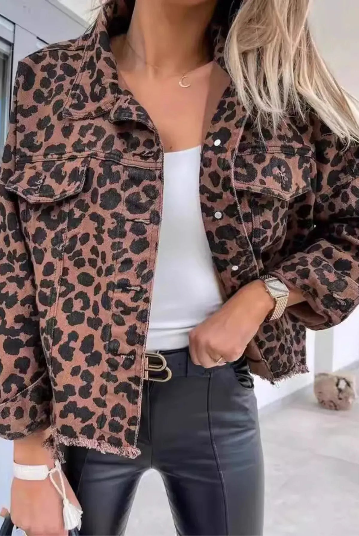 Leopard Print Raw Hem Denim Jacket-Jackets-Krush Kandy, Women's Online Fashion Boutique Located in Phoenix, Arizona (Scottsdale Area)