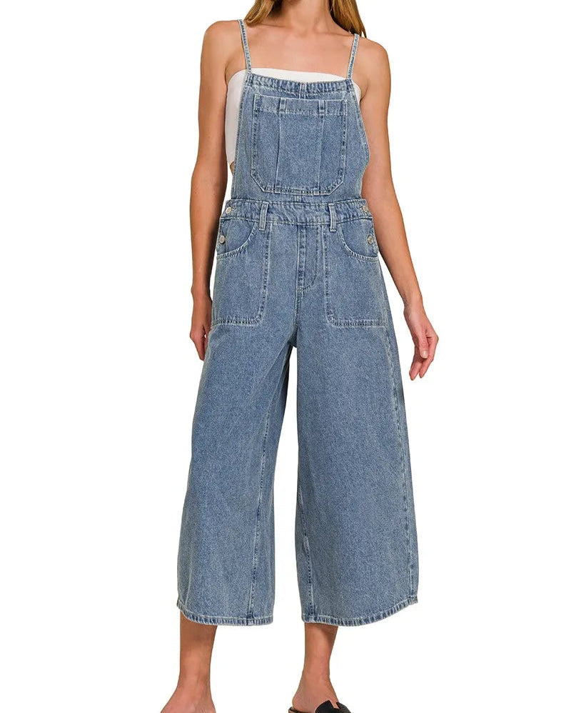 Zenana Denim Medium Washed Wide Leg Overalls-Jumpsuits & Rompers-Krush Kandy, Women's Online Fashion Boutique Located in Phoenix, Arizona (Scottsdale Area)