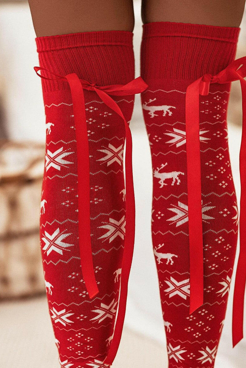 Christmas Element Bowknot Ribbed Trim Over Knee Stockings-Accessories-Krush Kandy, Women's Online Fashion Boutique Located in Phoenix, Arizona (Scottsdale Area)
