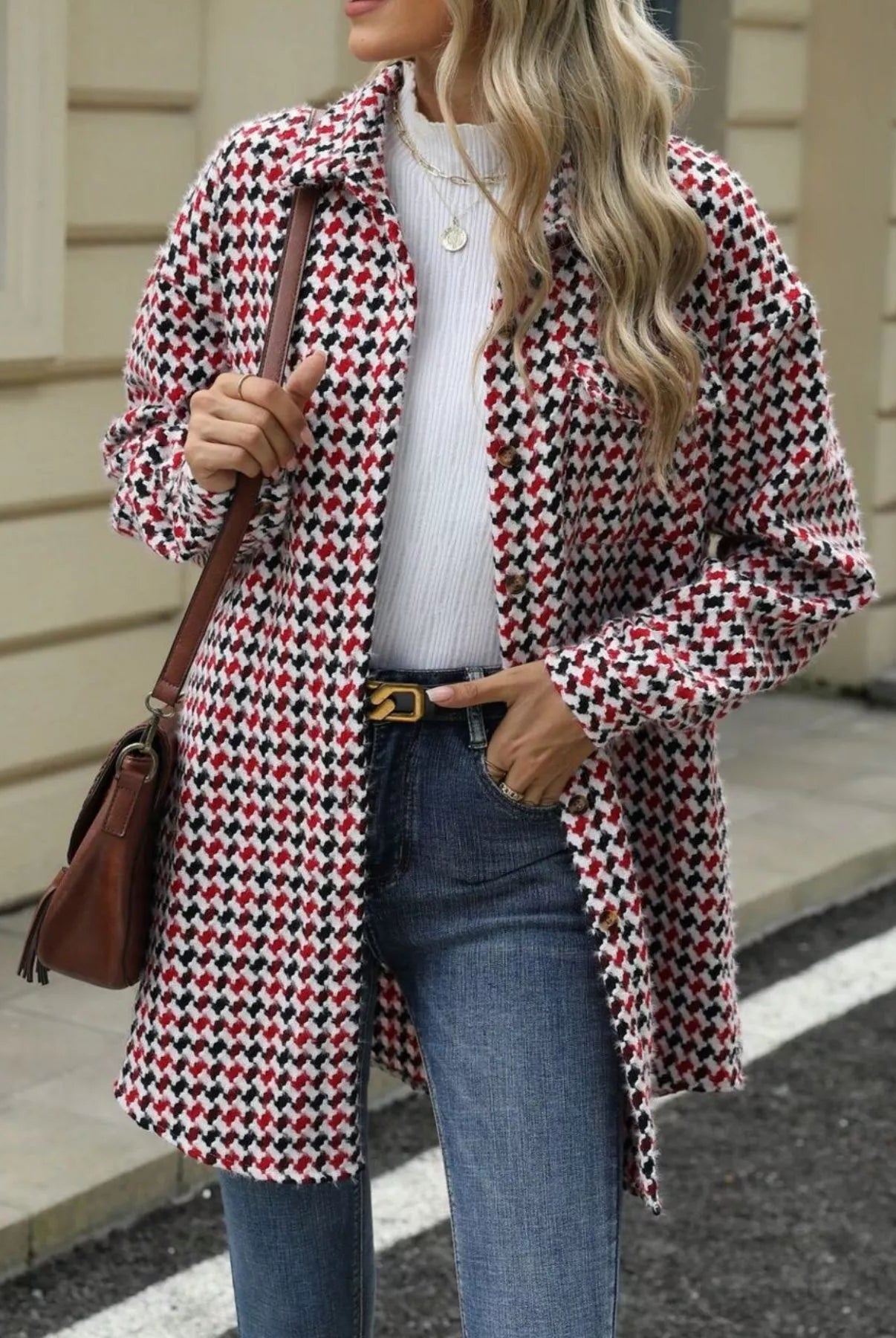 Houndstooth Button Up Long Sleeve Coat-Jacket-Krush Kandy, Women's Online Fashion Boutique Located in Phoenix, Arizona (Scottsdale Area)
