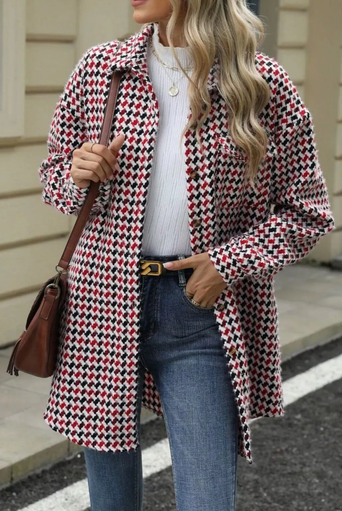 Houndstooth Button Up Long Sleeve Coat-Jacket-Krush Kandy, Women's Online Fashion Boutique Located in Phoenix, Arizona (Scottsdale Area)
