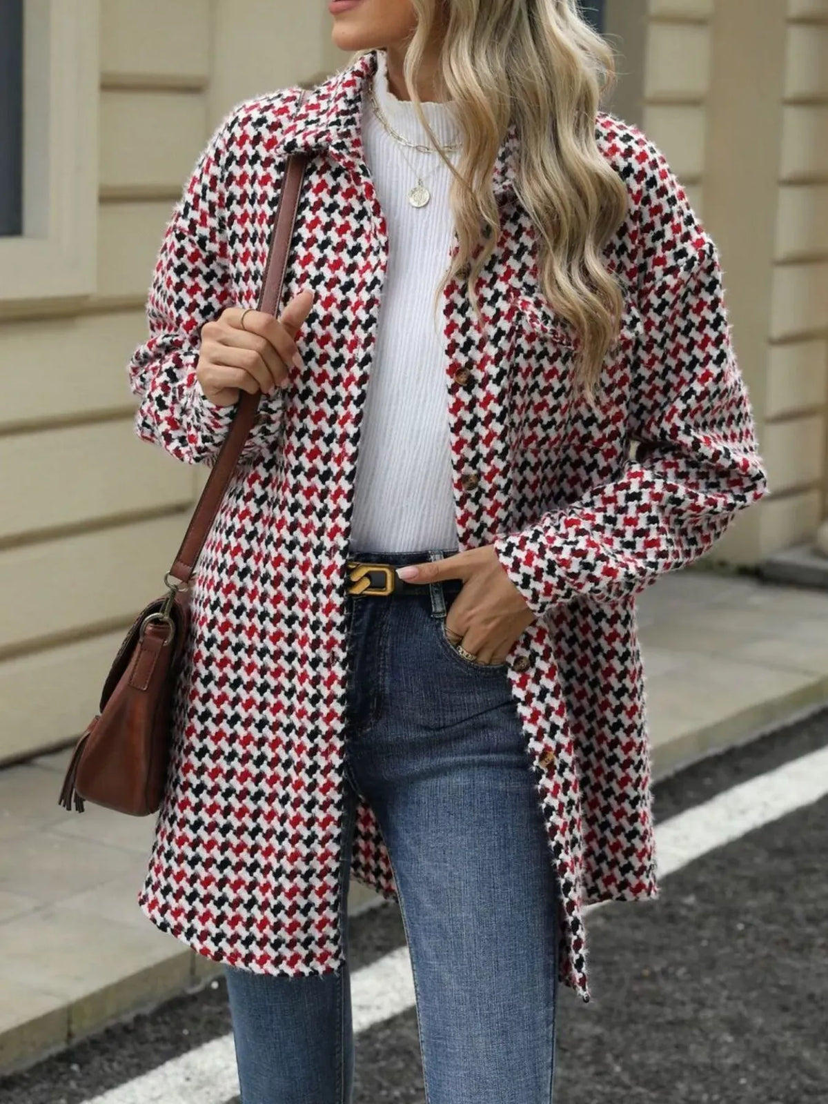 Houndstooth Button Up Long Sleeve Coat-Jacket-Krush Kandy, Women's Online Fashion Boutique Located in Phoenix, Arizona (Scottsdale Area)
