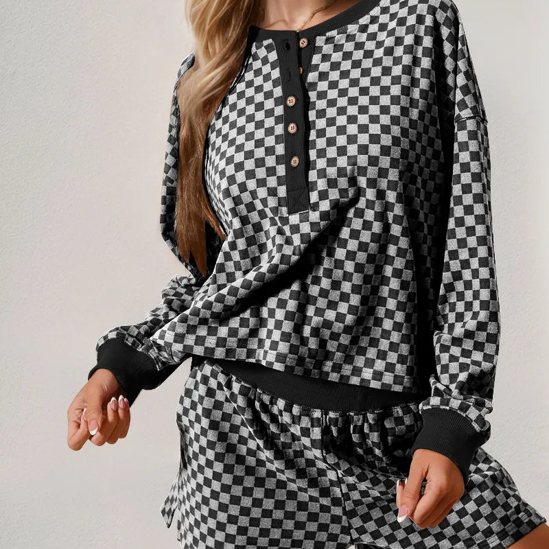 Double Take Checkered Half Button Top and Shorts Set-2 Piece Outfit Sets-Krush Kandy, Women's Online Fashion Boutique Located in Phoenix, Arizona (Scottsdale Area)