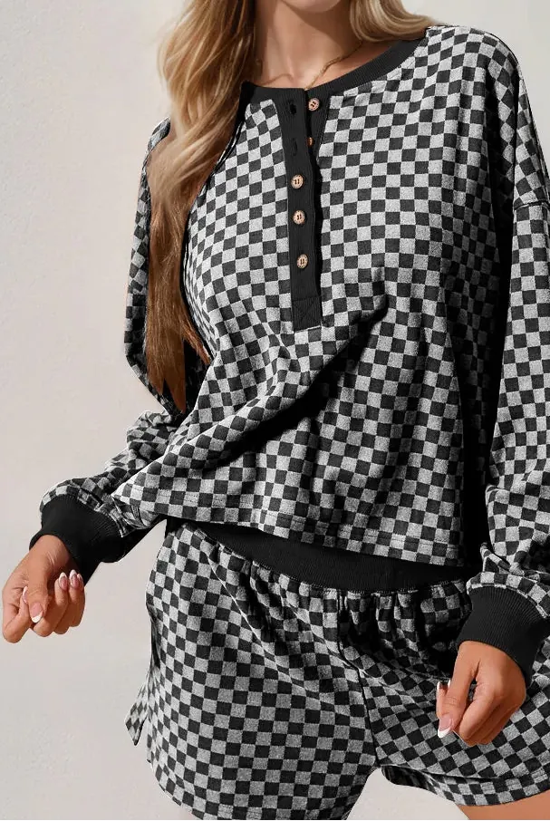 Double Take Checkered Half Button Top and Shorts Set-2 Piece Outfit Sets-Krush Kandy, Women's Online Fashion Boutique Located in Phoenix, Arizona (Scottsdale Area)