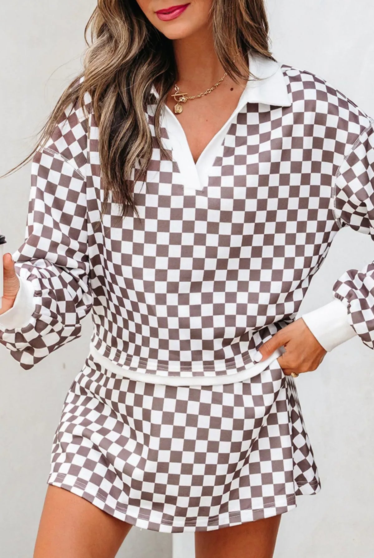 Checkered Print Polo Collar Cropped Long Sleeve Top and Drawstring Mini Skirt Set-2 Piece Outfit Sets-Krush Kandy, Women's Online Fashion Boutique Located in Phoenix, Arizona (Scottsdale Area)