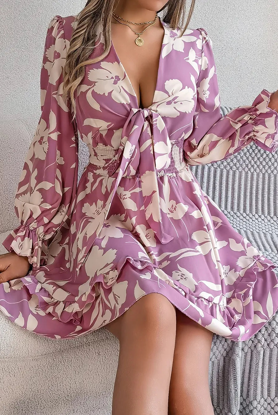 Tied Ruffled Printed Long Sleeve Dress-Krush Kandy, Women's Online Fashion Boutique Located in Phoenix, Arizona (Scottsdale Area)