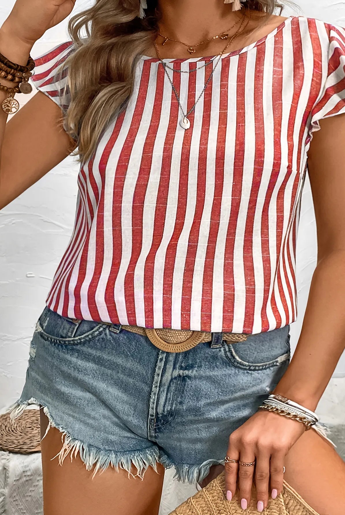 Ruffled Striped Round Neck Cap Sleeve Blouse-Blouses-Krush Kandy, Women's Online Fashion Boutique Located in Phoenix, Arizona (Scottsdale Area)