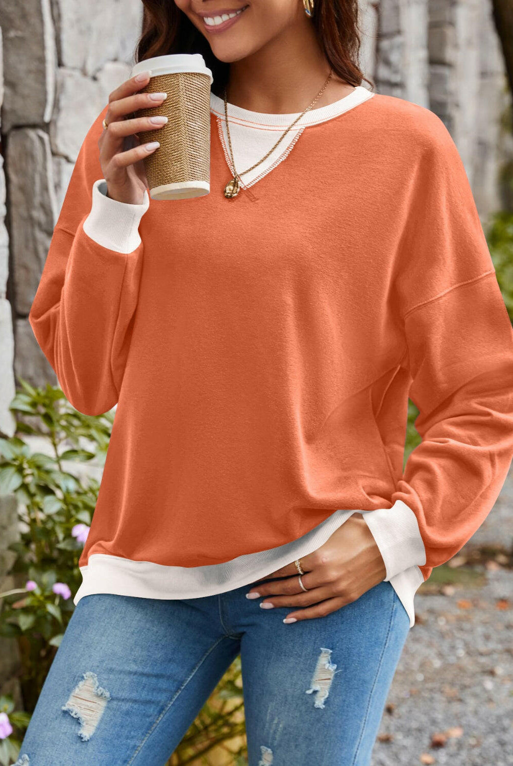 Lovelet Contrast Round Neck Long Sleeve Sweatshirt-Krush Kandy, Women's Online Fashion Boutique Located in Phoenix, Arizona (Scottsdale Area)