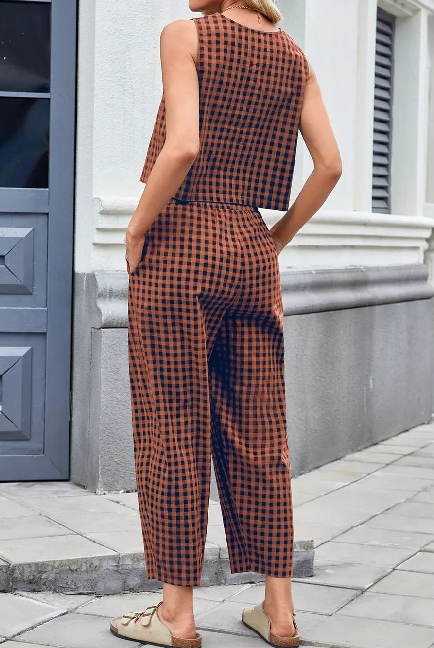 Lovelet Plaid Round Neck Sleeveless Top and Pants Set-2 Piece Outfit Sets-Krush Kandy, Women's Online Fashion Boutique Located in Phoenix, Arizona (Scottsdale Area)