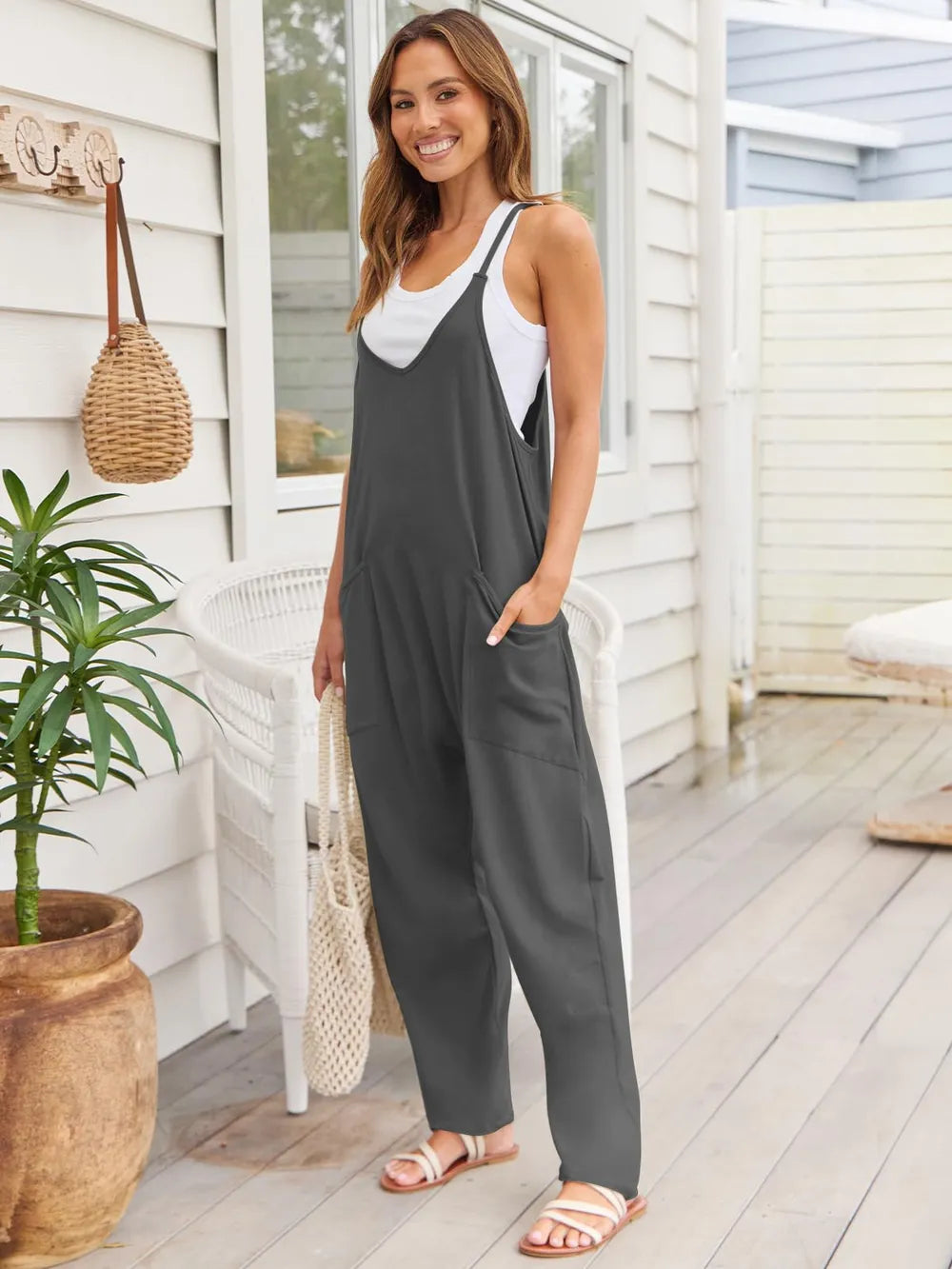 V-Neck Spaghetti Strap Jumpsuit-Jumpsuits & Rompers-Krush Kandy, Women's Online Fashion Boutique Located in Phoenix, Arizona (Scottsdale Area)