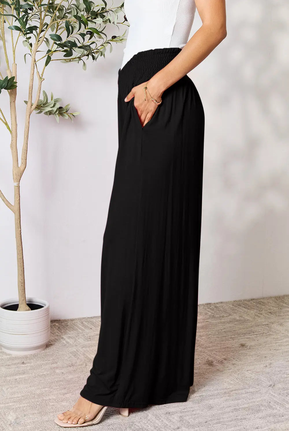 Full Size Smocked Wide Waistband Wide Leg Pants-Pants-Krush Kandy, Women's Online Fashion Boutique Located in Phoenix, Arizona (Scottsdale Area)