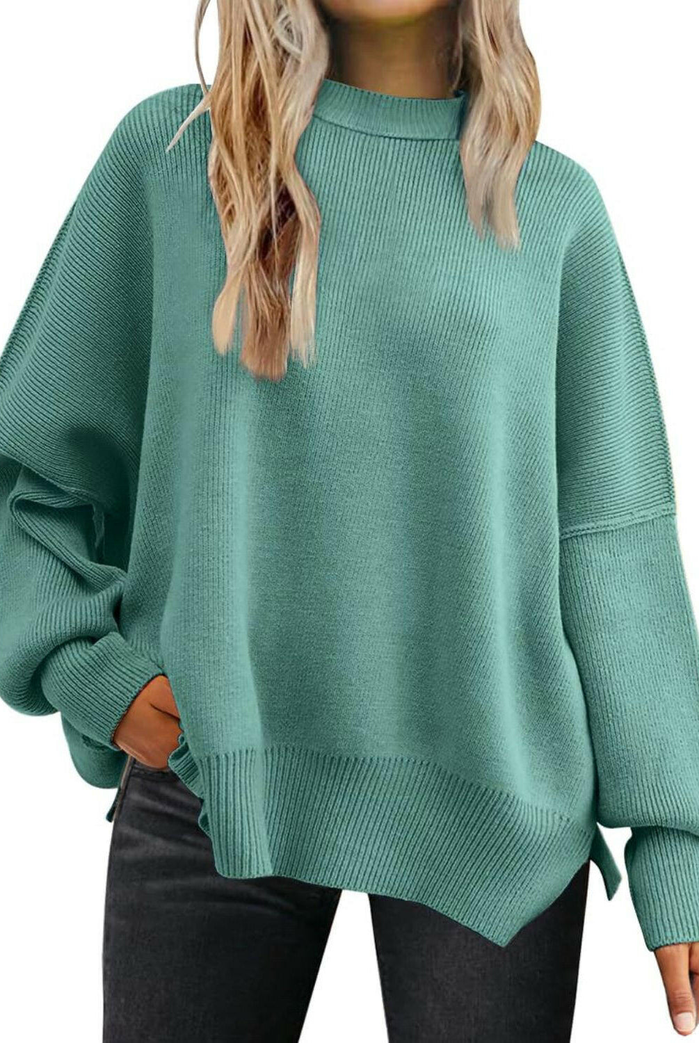 Slit Round Neck Dropped Shoulder Sweater-Krush Kandy, Women's Online Fashion Boutique Located in Phoenix, Arizona (Scottsdale Area)