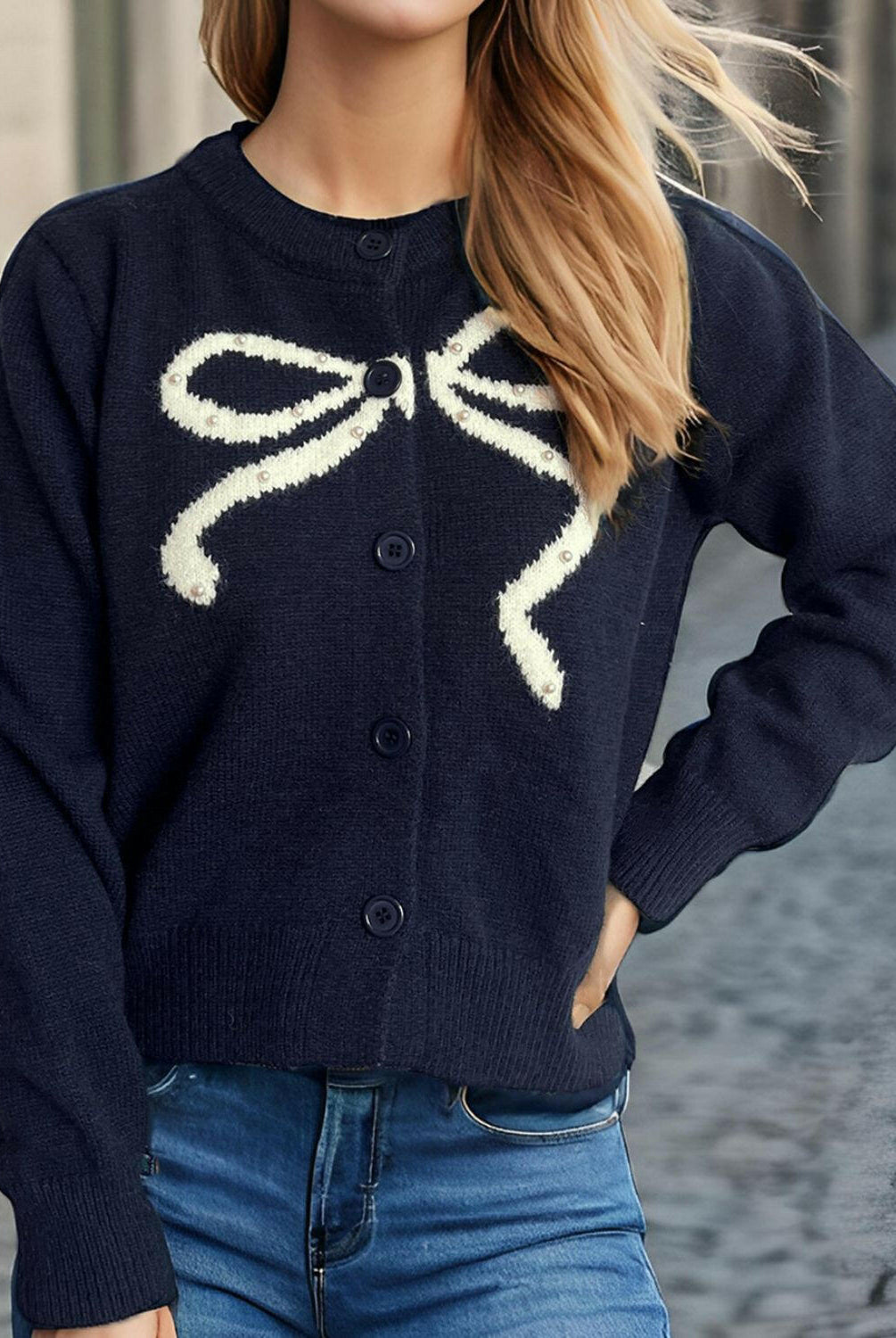 Bow Button Down Round Neck Cardigan-Krush Kandy, Women's Online Fashion Boutique Located in Phoenix, Arizona (Scottsdale Area)