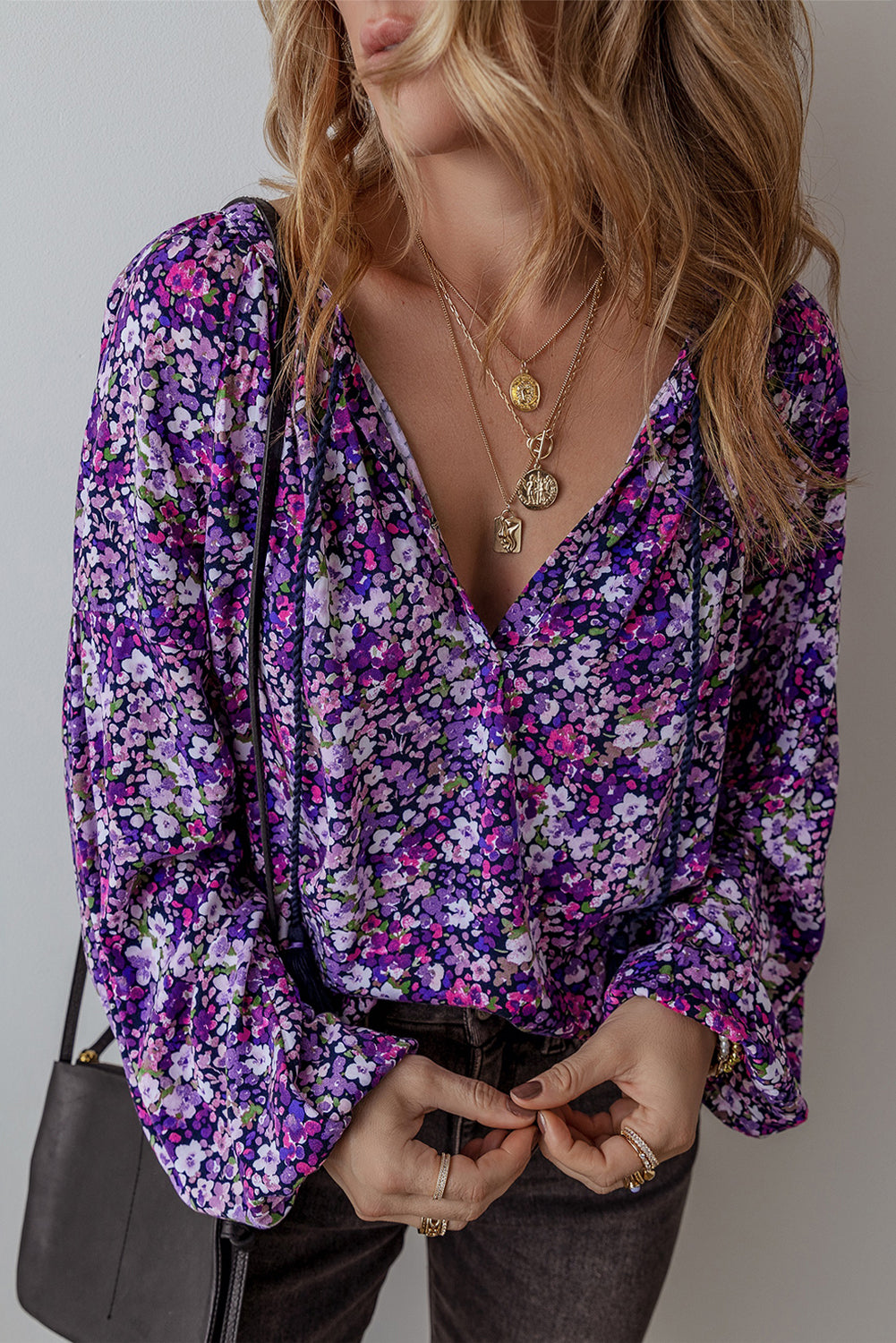 Purple Floral Tassel Tie-Front Blouse-Tops-Krush Kandy, Women's Online Fashion Boutique Located in Phoenix, Arizona (Scottsdale Area)