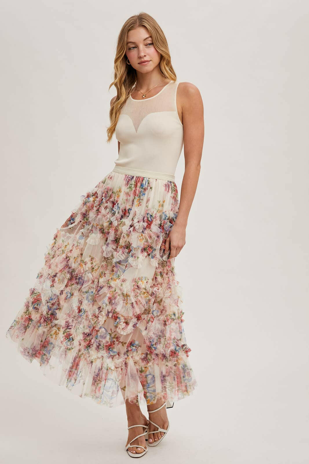 Floral Ruffled Mesh Midi Skirt-Skirts-Krush Kandy, Women's Online Fashion Boutique Located in Phoenix, Arizona (Scottsdale Area)