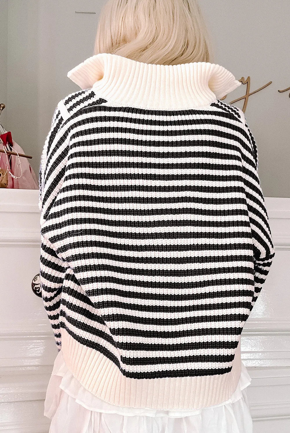 Black Stripe Half-Zip Knit Sweater-Sweaters-Krush Kandy, Women's Online Fashion Boutique Located in Phoenix, Arizona (Scottsdale Area)