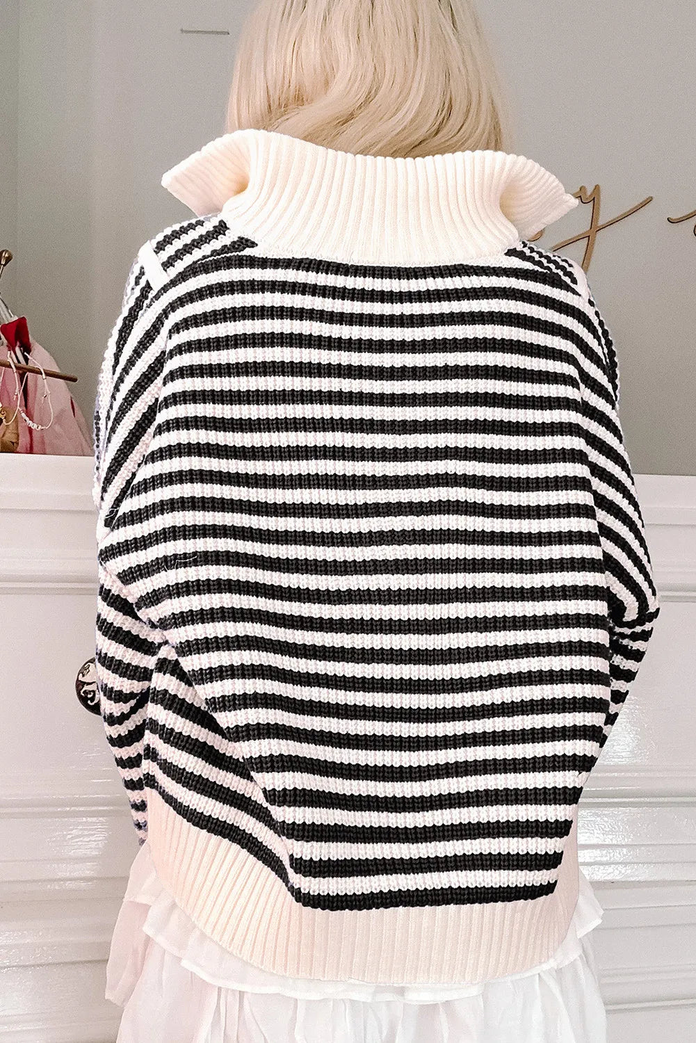 Black Stripe Half-Zip Knit Sweater-Sweaters-Krush Kandy, Women's Online Fashion Boutique Located in Phoenix, Arizona (Scottsdale Area)