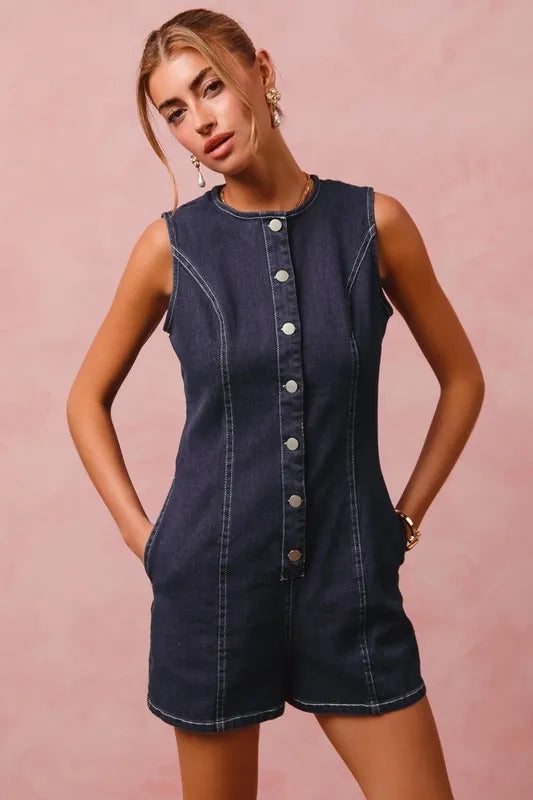 SO ME Button Up Front Washed Denim Sleeveless Romper-Jumpsuits & Rompers-Krush Kandy, Women's Online Fashion Boutique Located in Phoenix, Arizona (Scottsdale Area)