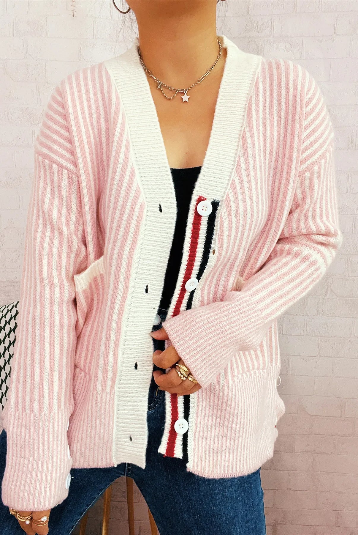 Striped Button-Front Cardigan with Contrast Trim-Cardigan-Krush Kandy, Women's Online Fashion Boutique Located in Phoenix, Arizona (Scottsdale Area)