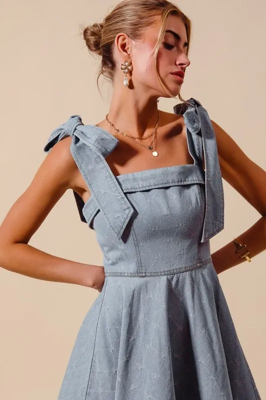 SO ME A Line Bow Denim Dress-Dresses-Krush Kandy, Women's Online Fashion Boutique Located in Phoenix, Arizona (Scottsdale Area)