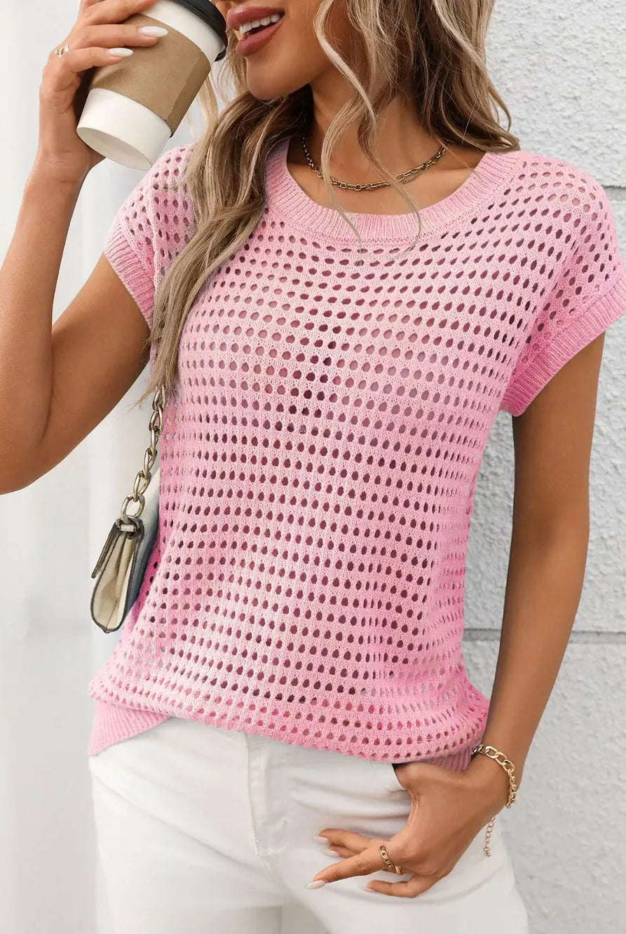 Openwork Round Neck Short Sleeve Knit Cover Up-Krush Kandy, Women's Online Fashion Boutique Located in Phoenix, Arizona (Scottsdale Area)