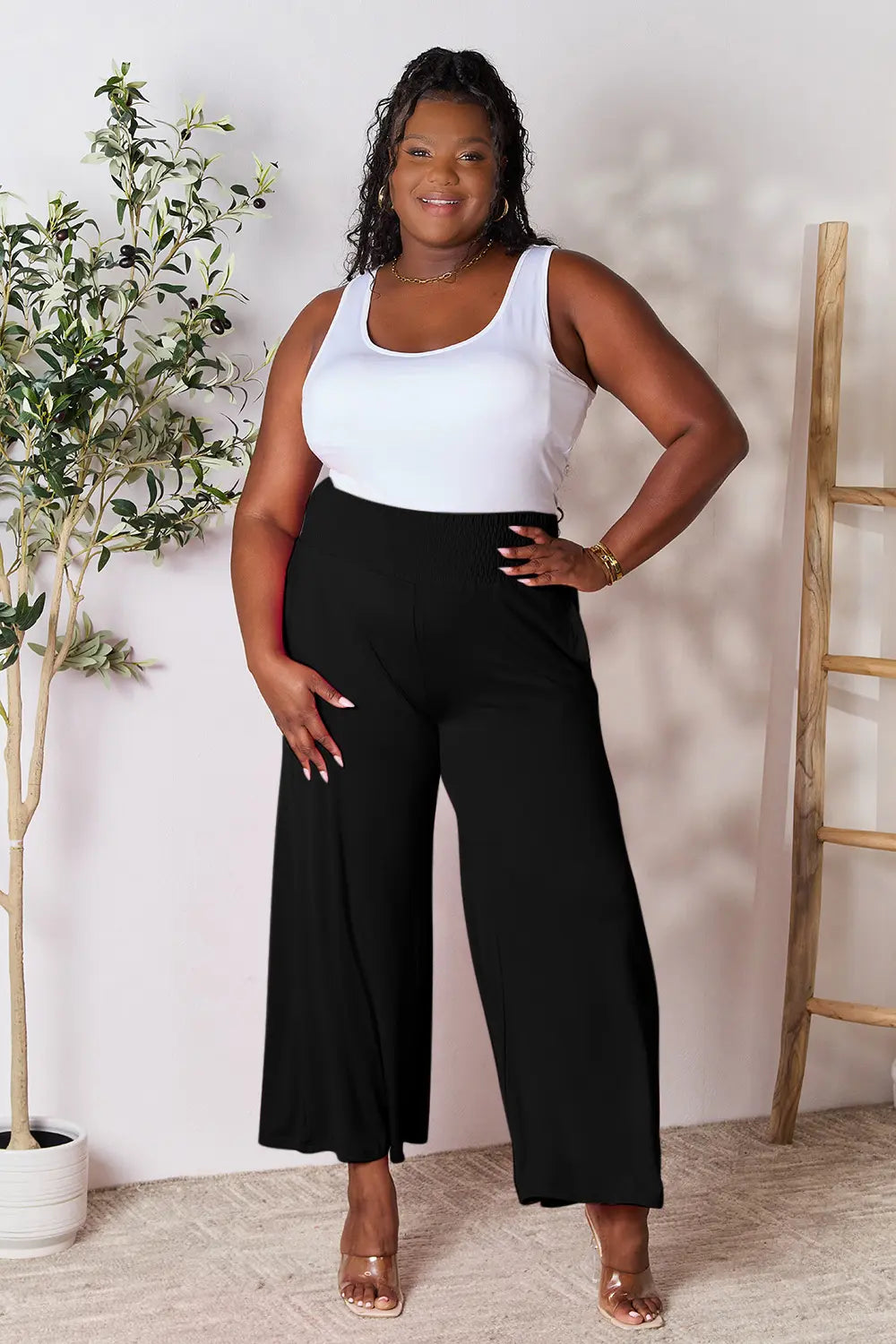 Full Size Smocked Wide Waistband Wide Leg Pants-Pants-Krush Kandy, Women's Online Fashion Boutique Located in Phoenix, Arizona (Scottsdale Area)